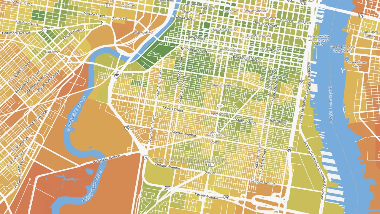 Map of the best neighborhoods in the Point Breeze-Philadelphia, Philadelphia area, with better matches in green and worse matches in red