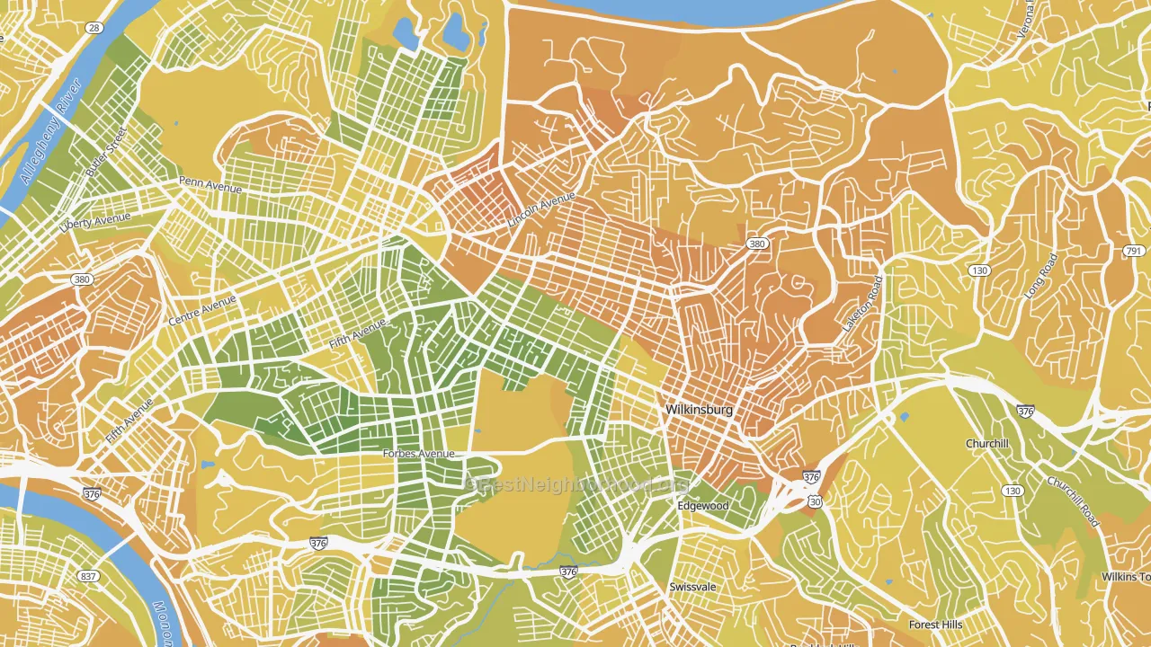 Map of the best neighborhoods in the Point Breeze, Pittsburgh area, with better matches in green and worse matches in red