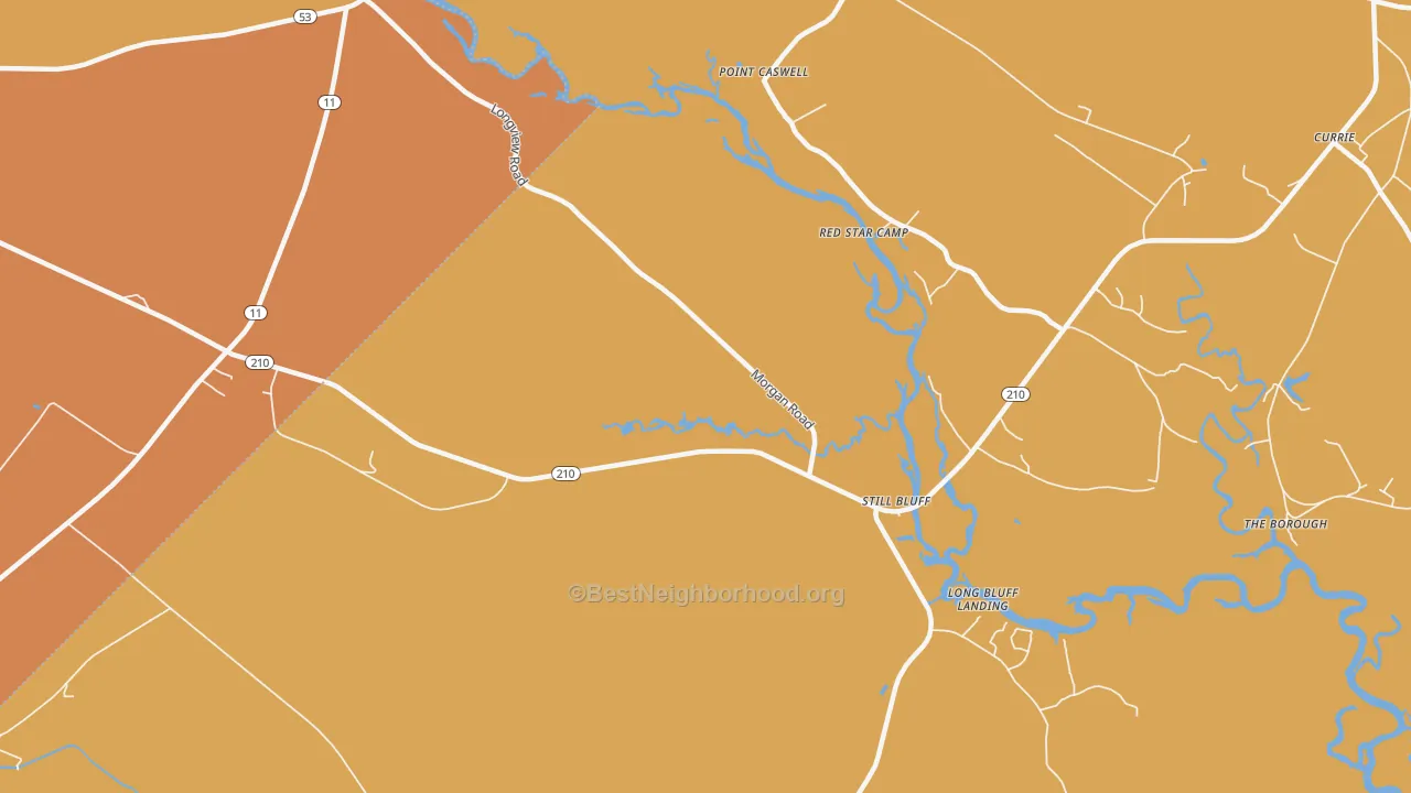 Map of the best neighborhoods in the Point Caswell area, with better matches in green and worse matches in red