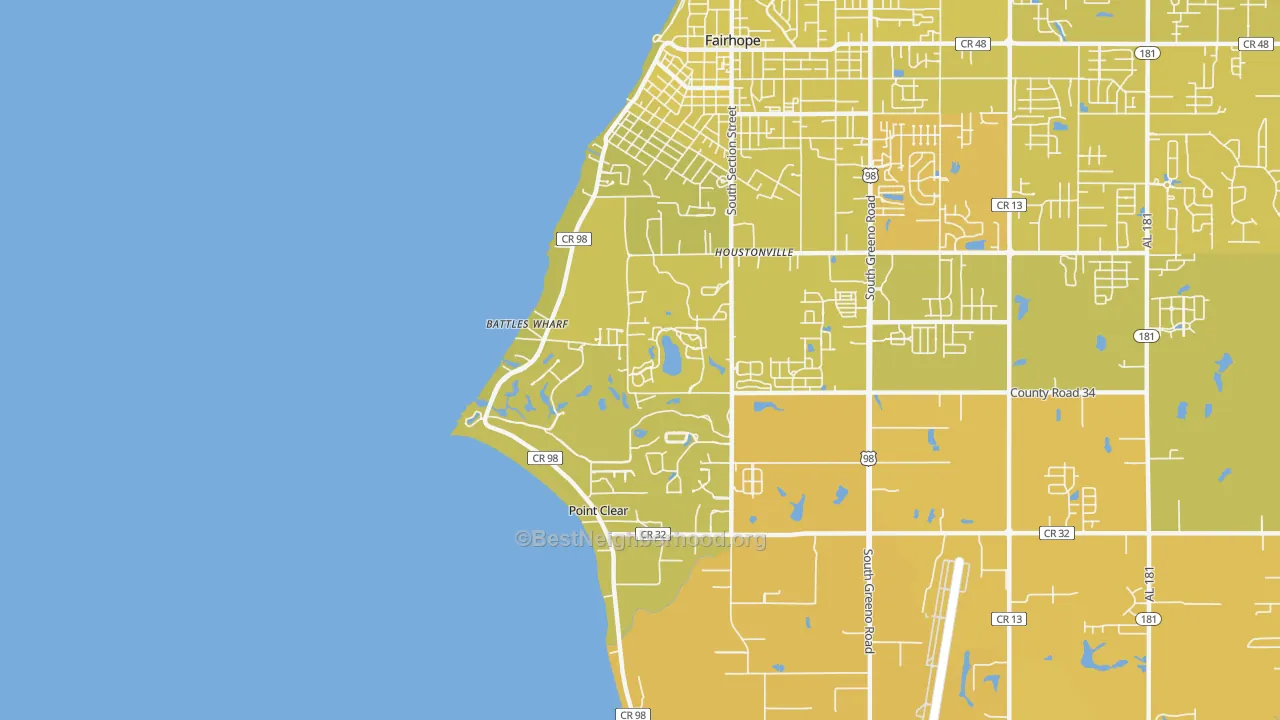 Map of the best neighborhoods in the Point Clear area, with better matches in green and worse matches in red