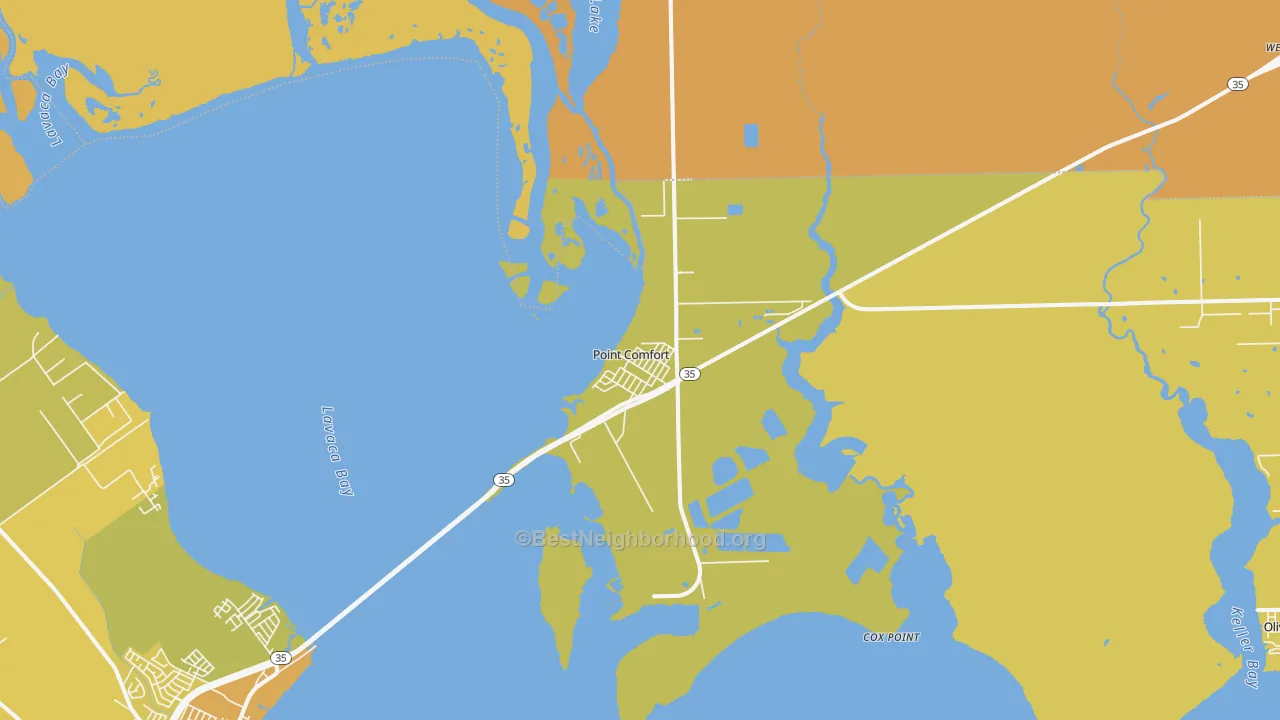 Map of the best neighborhoods in the Point Comfort area, with better matches in green and worse matches in red