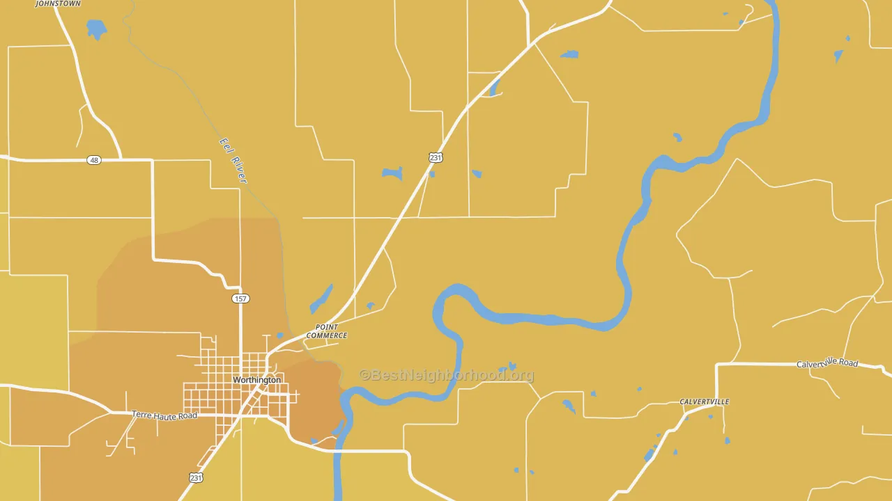 Map of the best neighborhoods in the Point Commerce area, with better matches in green and worse matches in red