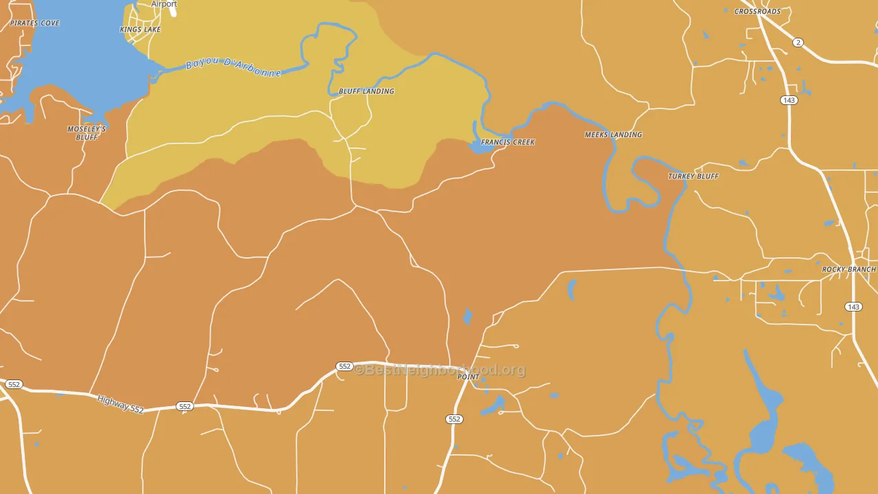Map of the best neighborhoods in the Point area, with better matches in green and worse matches in red