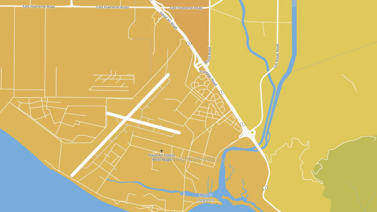 Map of the best neighborhoods in the Point Mugu Nawc area, with better matches in green and worse matches in red