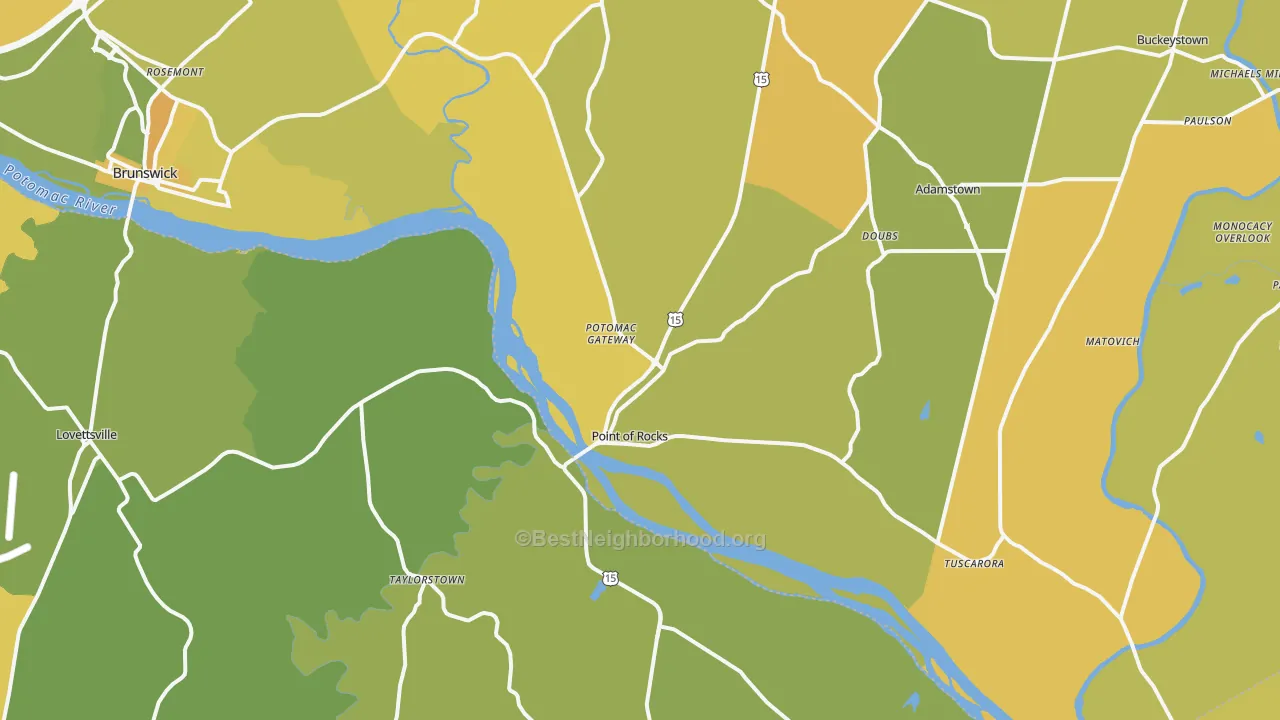 Map of the best neighborhoods in the Point Of Rocks area, with better matches in green and worse matches in red