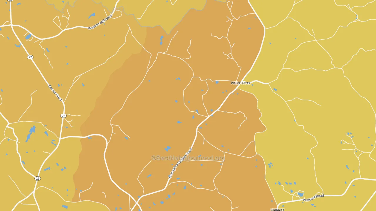 Map of the best neighborhoods in the Point Peter area, with better matches in green and worse matches in red