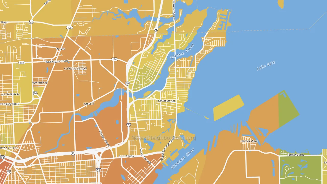 Map of the best neighborhoods in the Point Place, Toledo area, with better matches in green and worse matches in red