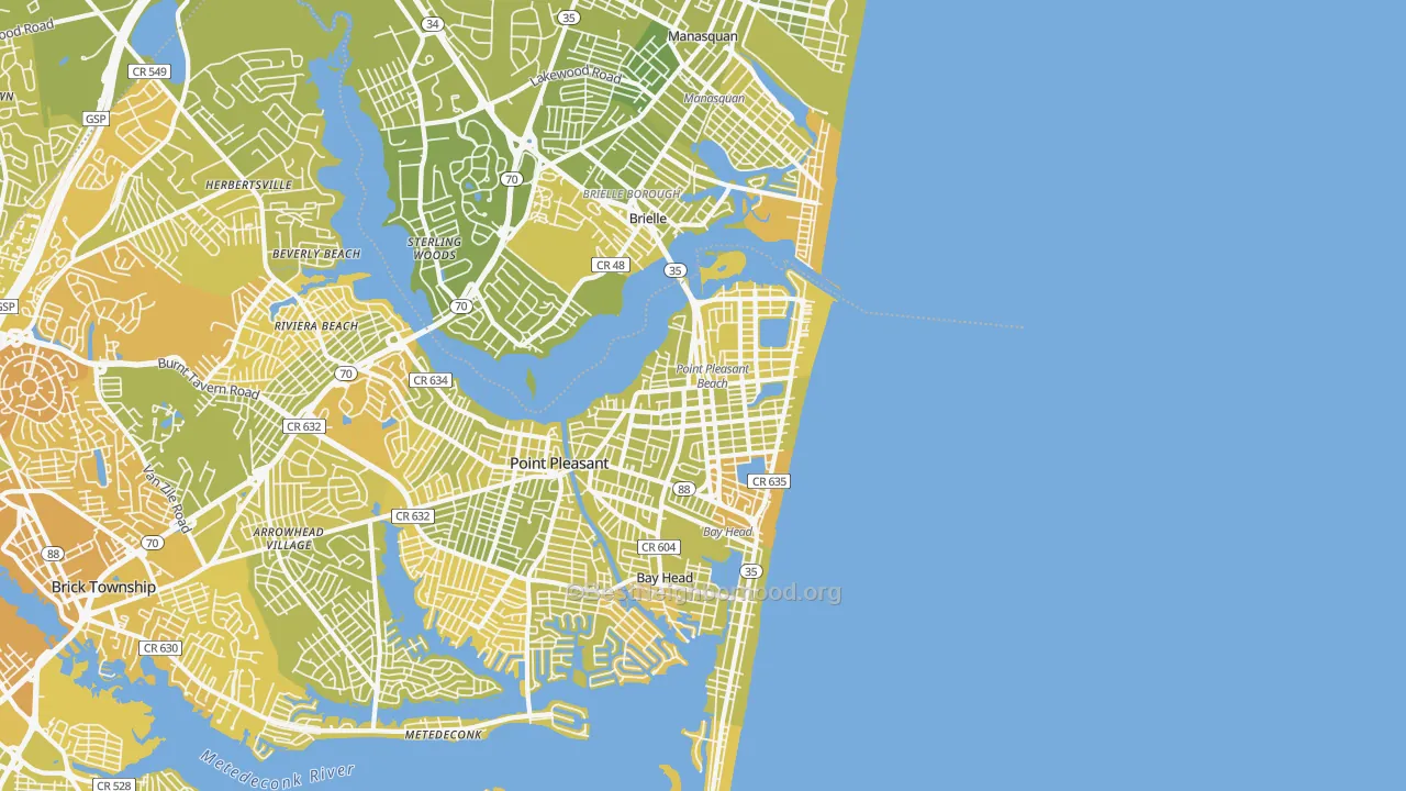 Map of the best neighborhoods in the Point Pleasant Beach area, with better matches in green and worse matches in red