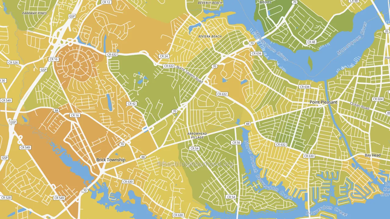 Map of the best neighborhoods in the Point Pleasant Manor, Brick area, with better matches in green and worse matches in red