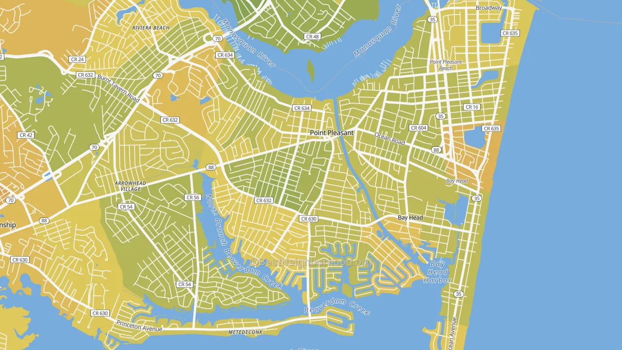 Map of the best neighborhoods in the Point Pleasant area, with better matches in green and worse matches in red