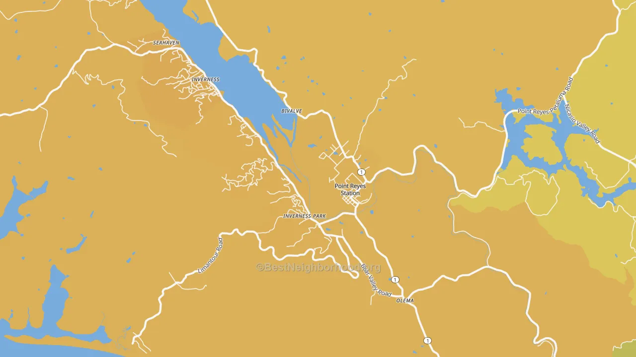 Map of the best neighborhoods in the Point Reyes Station area, with better matches in green and worse matches in red