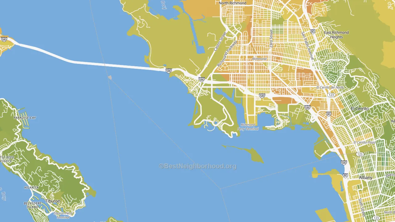 Map of the best neighborhoods in the Point Richmond, Richmond area, with better matches in green and worse matches in red
