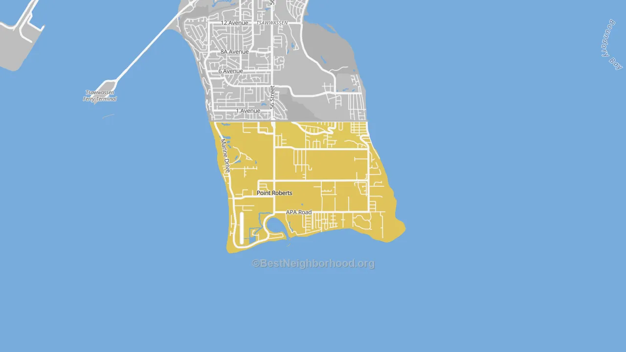 Map of the best neighborhoods in the Point Roberts area, with better matches in green and worse matches in red