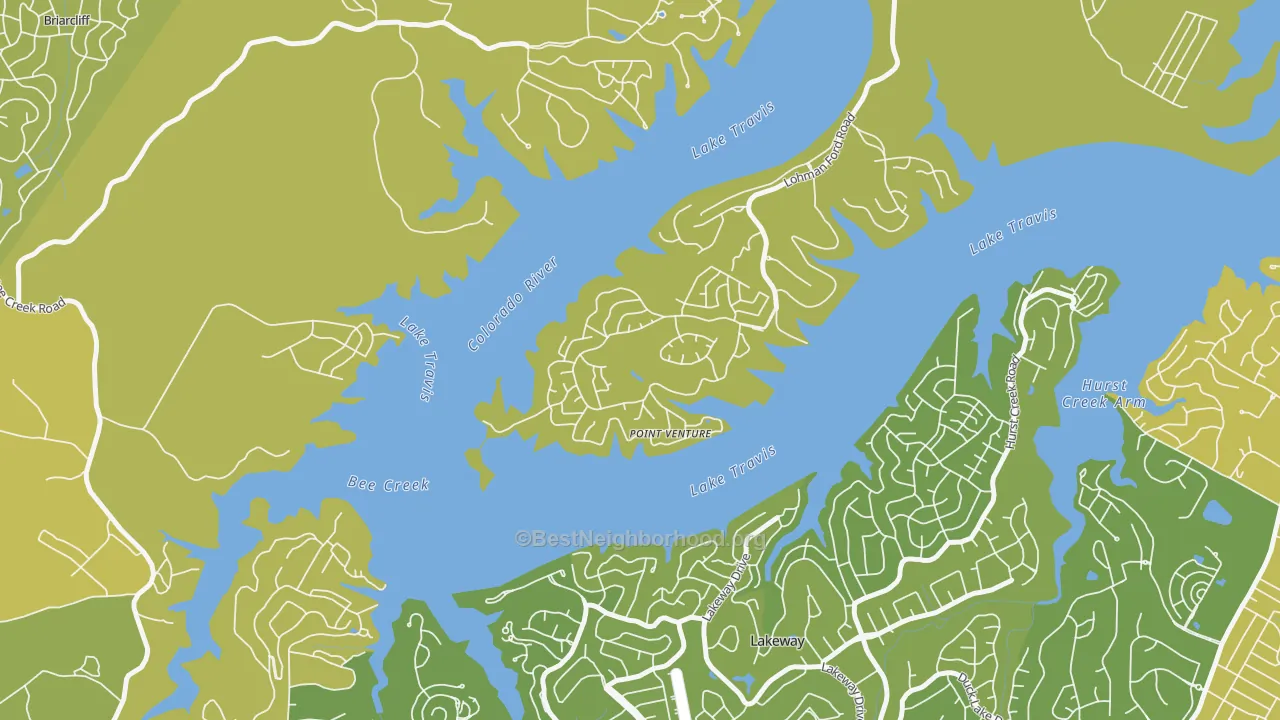 Map of the best neighborhoods in the Point Venture area, with better matches in green and worse matches in red
