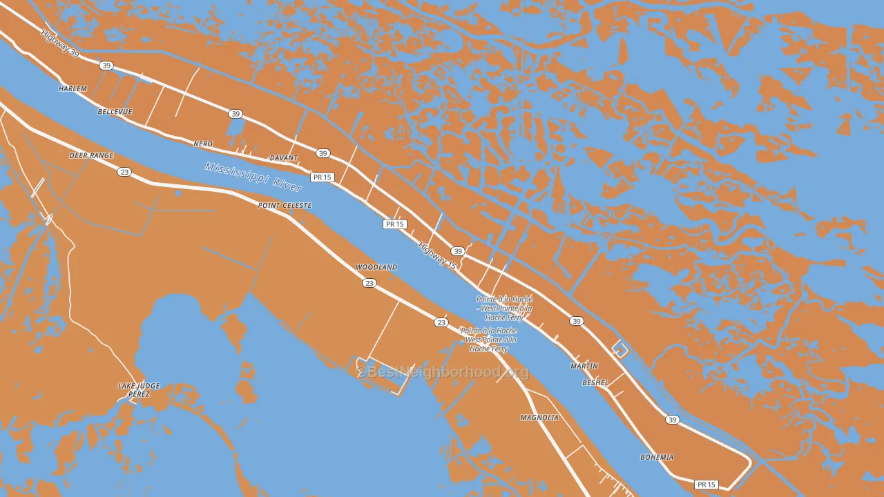 Map of the best neighborhoods in the Pointe a la Hache area, with better matches in green and worse matches in red