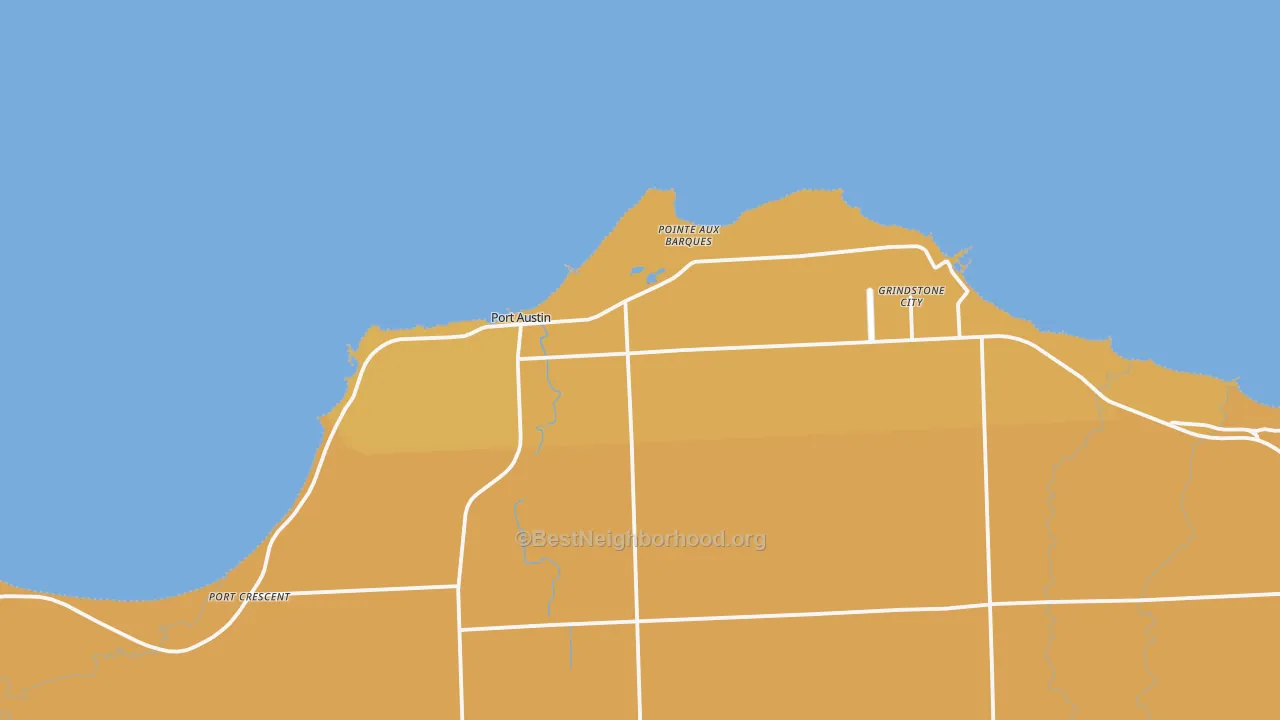 Map of the best neighborhoods in the Pointe Aux Barques area, with better matches in green and worse matches in red