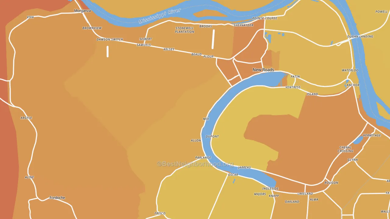 Map of the best neighborhoods in the Pointe Coupee Parish area, with better matches in green and worse matches in red