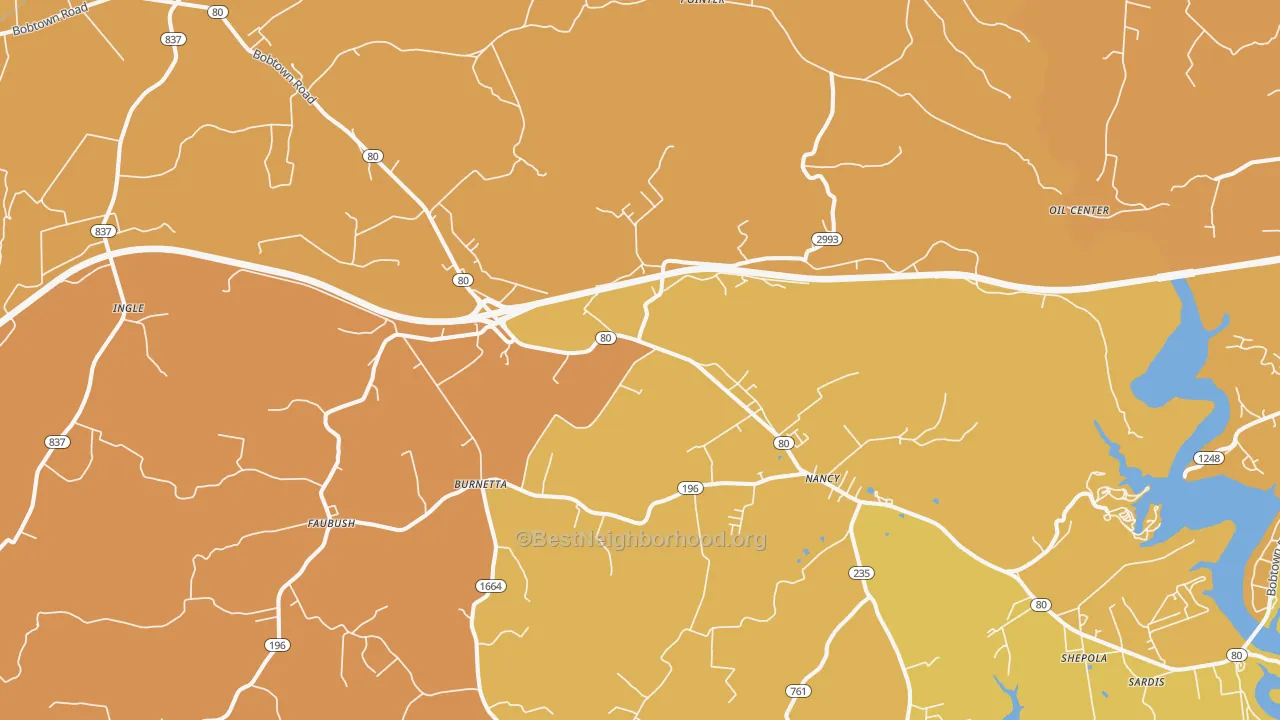 Map of the best neighborhoods in the Pointer area, with better matches in green and worse matches in red