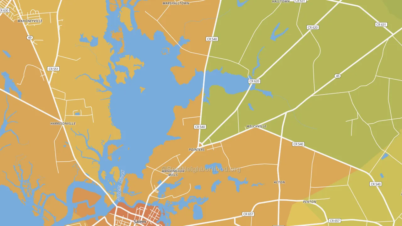 Map of the best neighborhoods in the Pointers area, with better matches in green and worse matches in red
