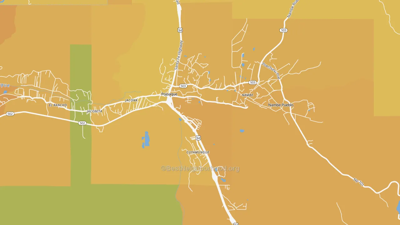 Map of the best neighborhoods in the Pojoaque area, with better matches in green and worse matches in red