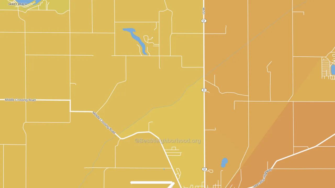 Map of the best neighborhoods in the Pokagon area, with better matches in green and worse matches in red