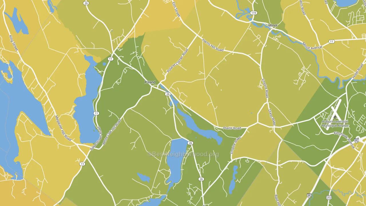 Map of the best neighborhoods in the Poland area, with better matches in green and worse matches in red