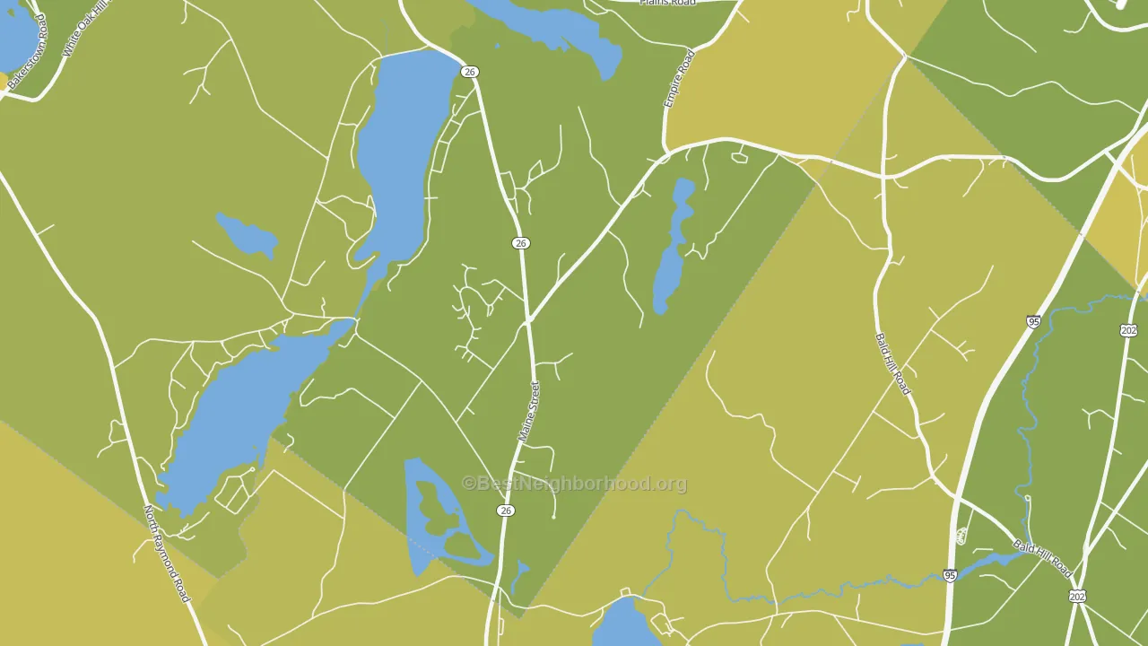 Map of the best neighborhoods in the Poland Spring area, with better matches in green and worse matches in red