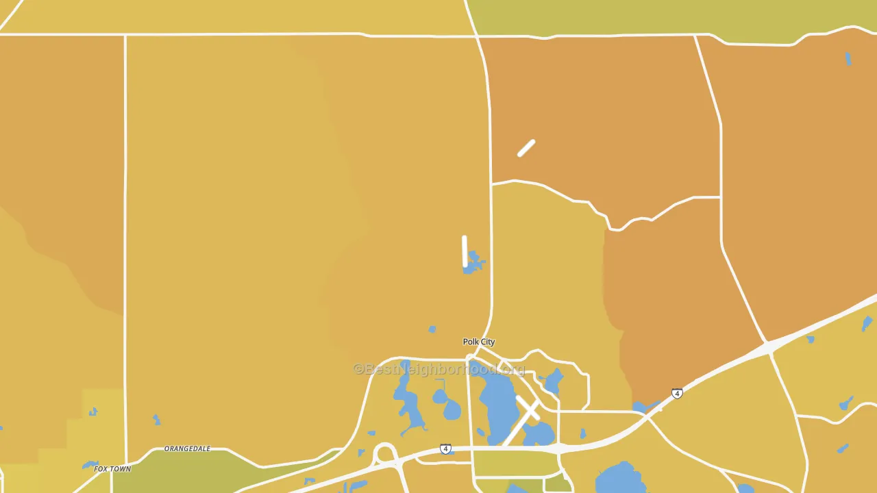 Map of the best neighborhoods in the Polk City area, with better matches in green and worse matches in red