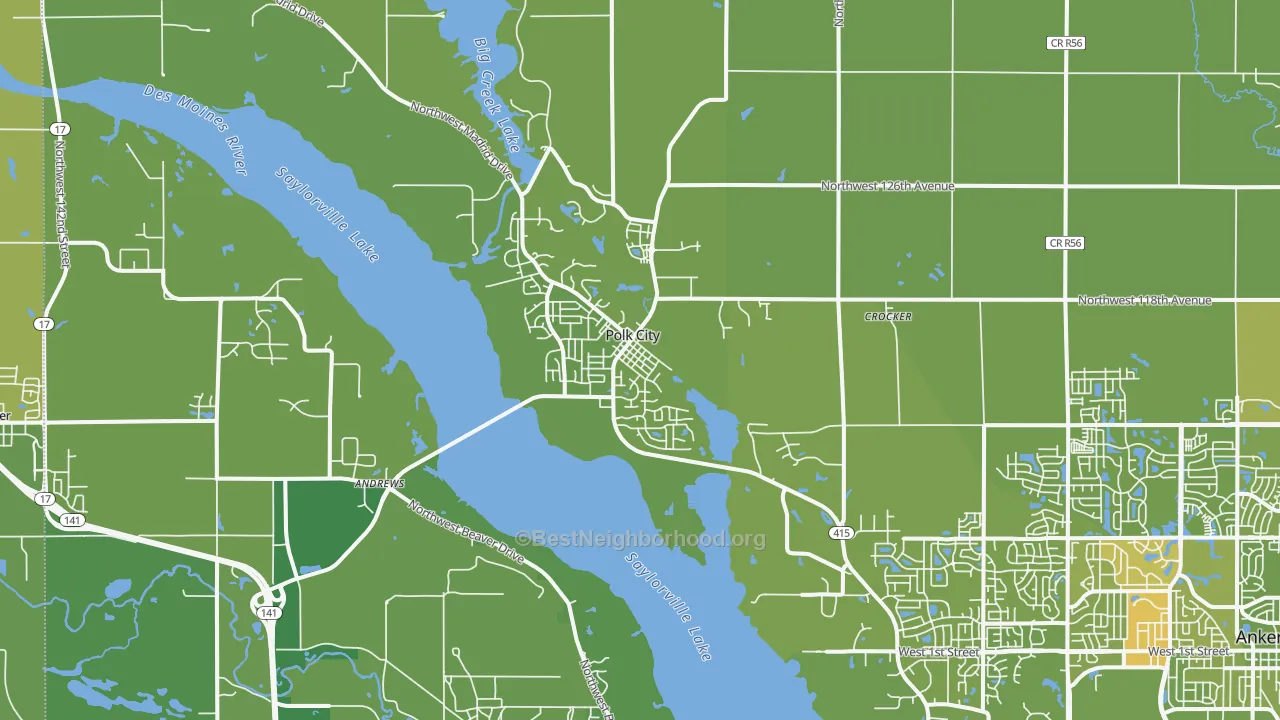 Map of the best neighborhoods in the Polk City area, with better matches in green and worse matches in red