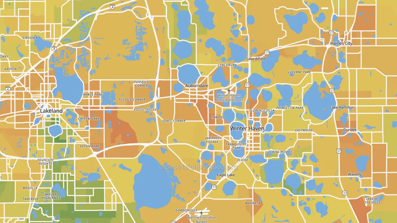 Map of the best neighborhoods in the Polk County area, with better matches in green and worse matches in red