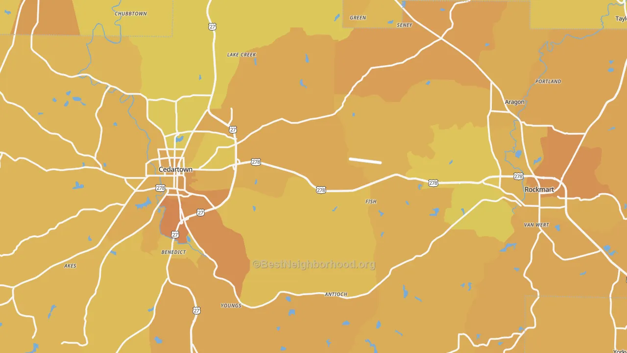 Map of the best neighborhoods in the Polk County area, with better matches in green and worse matches in red