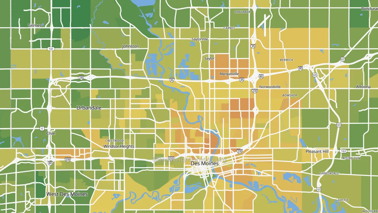 Map of the best neighborhoods in the Polk County area, with better matches in green and worse matches in red