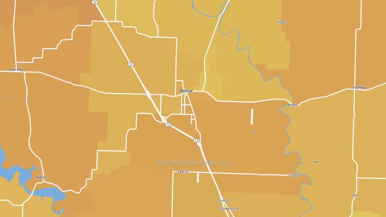 Map of the best neighborhoods in the Polk County area, with better matches in green and worse matches in red