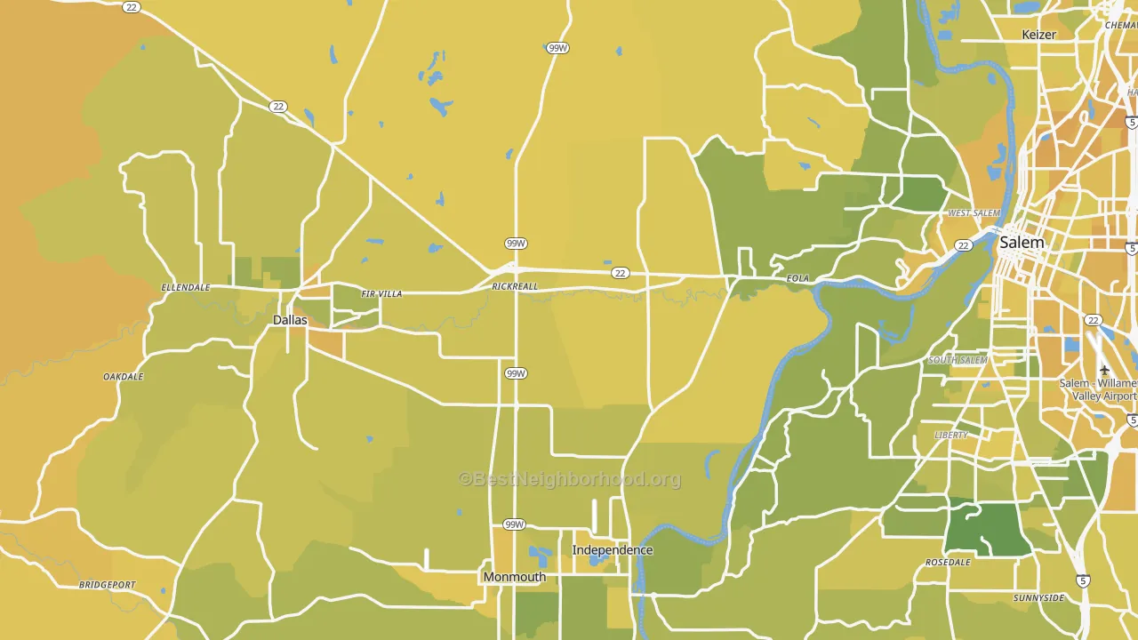Map of the best neighborhoods in the Polk County area, with better matches in green and worse matches in red