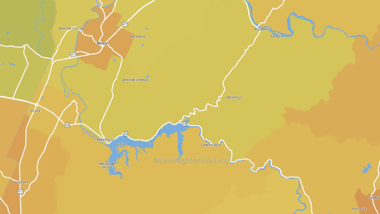 Map of the best neighborhoods in the Polk County area, with better matches in green and worse matches in red