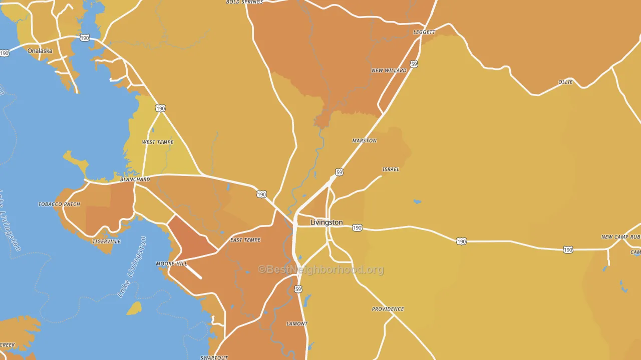 Map of the best neighborhoods in the Polk County area, with better matches in green and worse matches in red