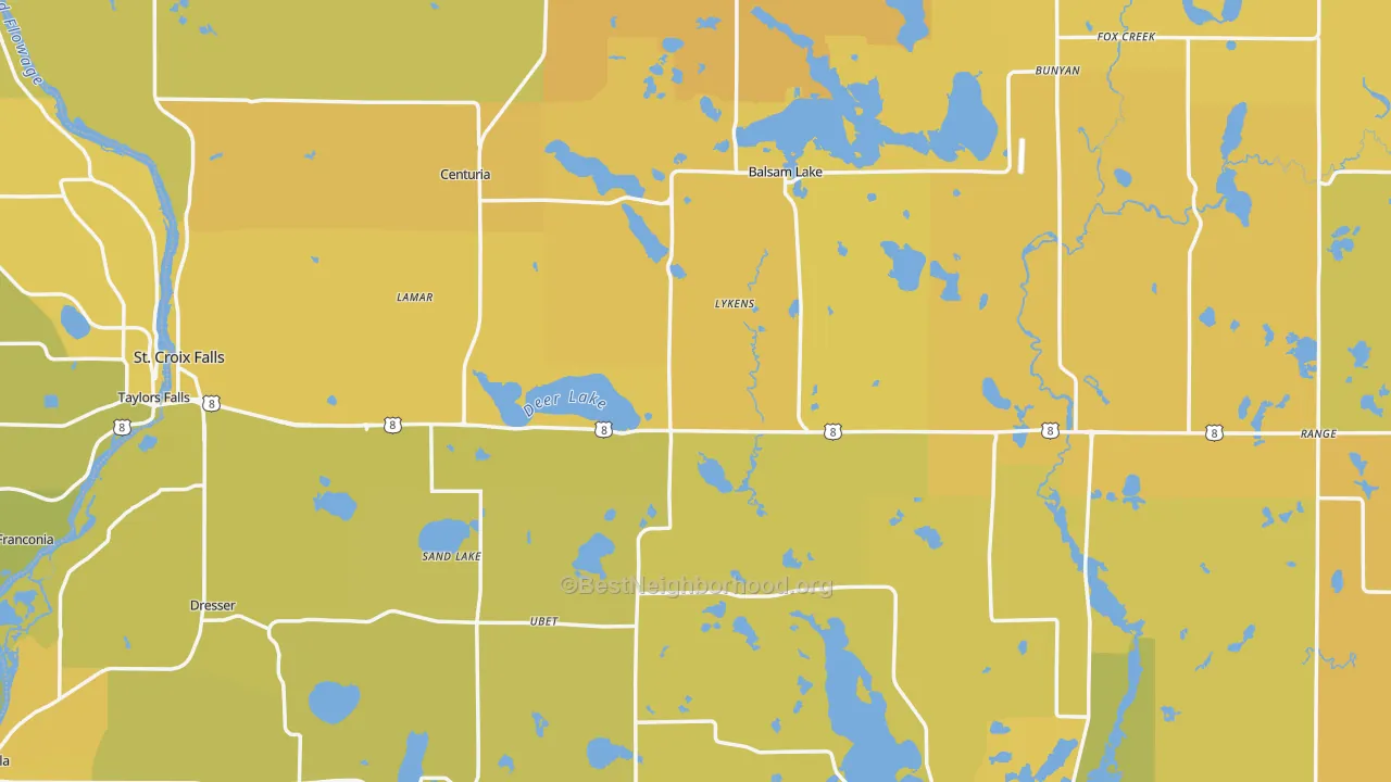 Map of the best neighborhoods in the Polk County area, with better matches in green and worse matches in red