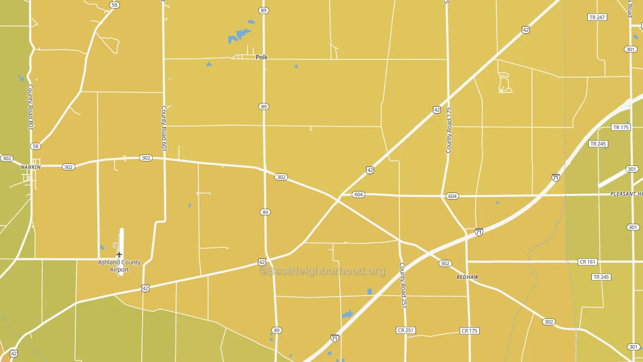 Map of the best neighborhoods in the Polk area, with better matches in green and worse matches in red