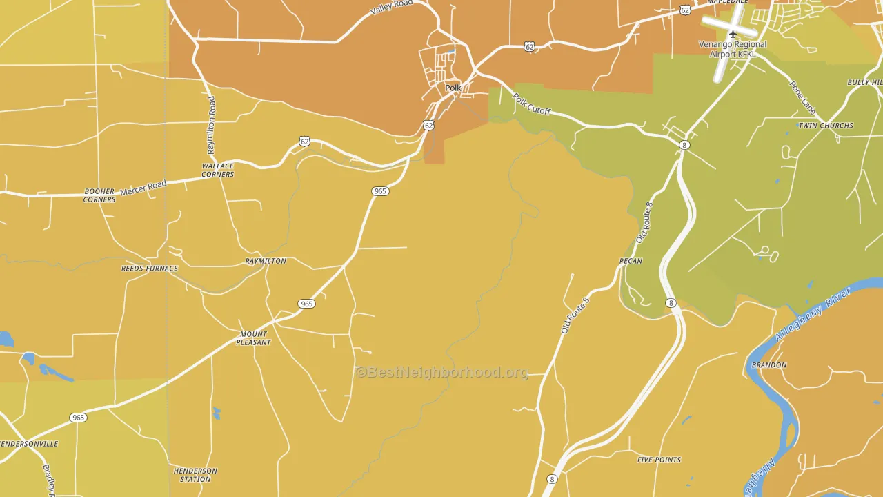 Map of the best neighborhoods in the Polk area, with better matches in green and worse matches in red