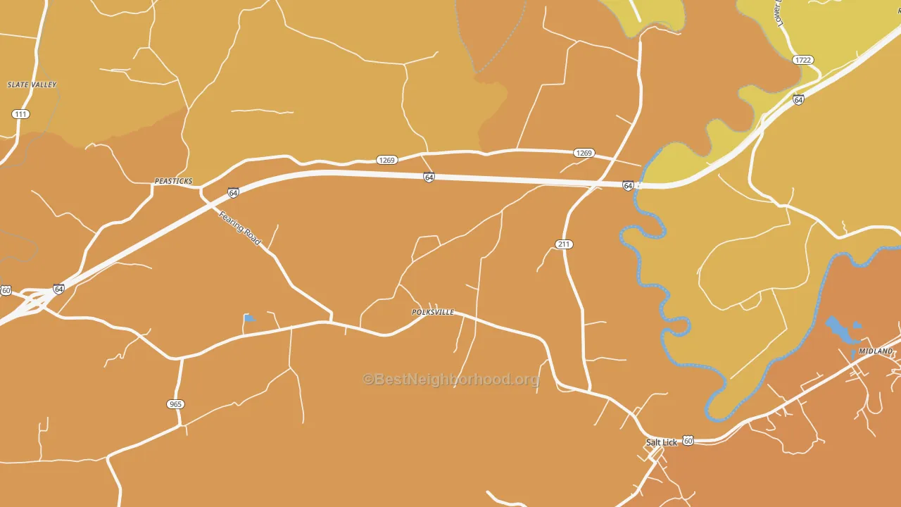 Map of the best neighborhoods in the Polksville area, with better matches in green and worse matches in red