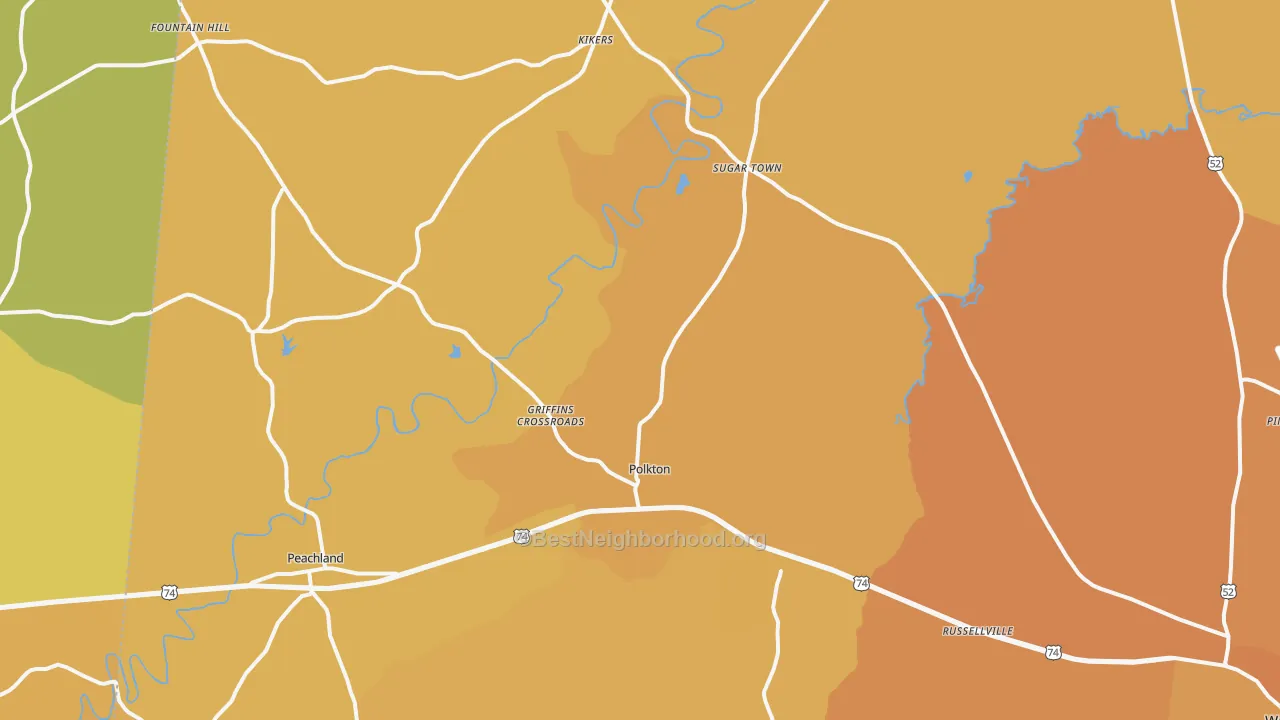 Map of the best neighborhoods in the Polkton area, with better matches in green and worse matches in red