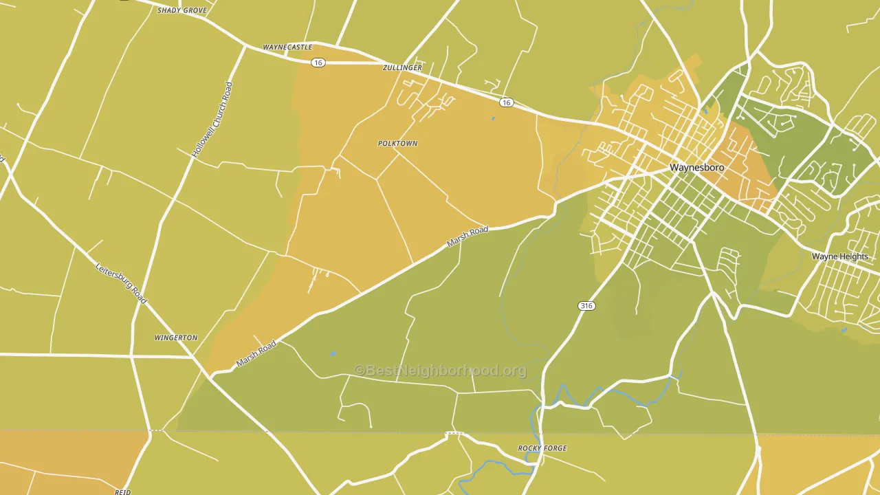 Map of the best neighborhoods in the Polktown area, with better matches in green and worse matches in red