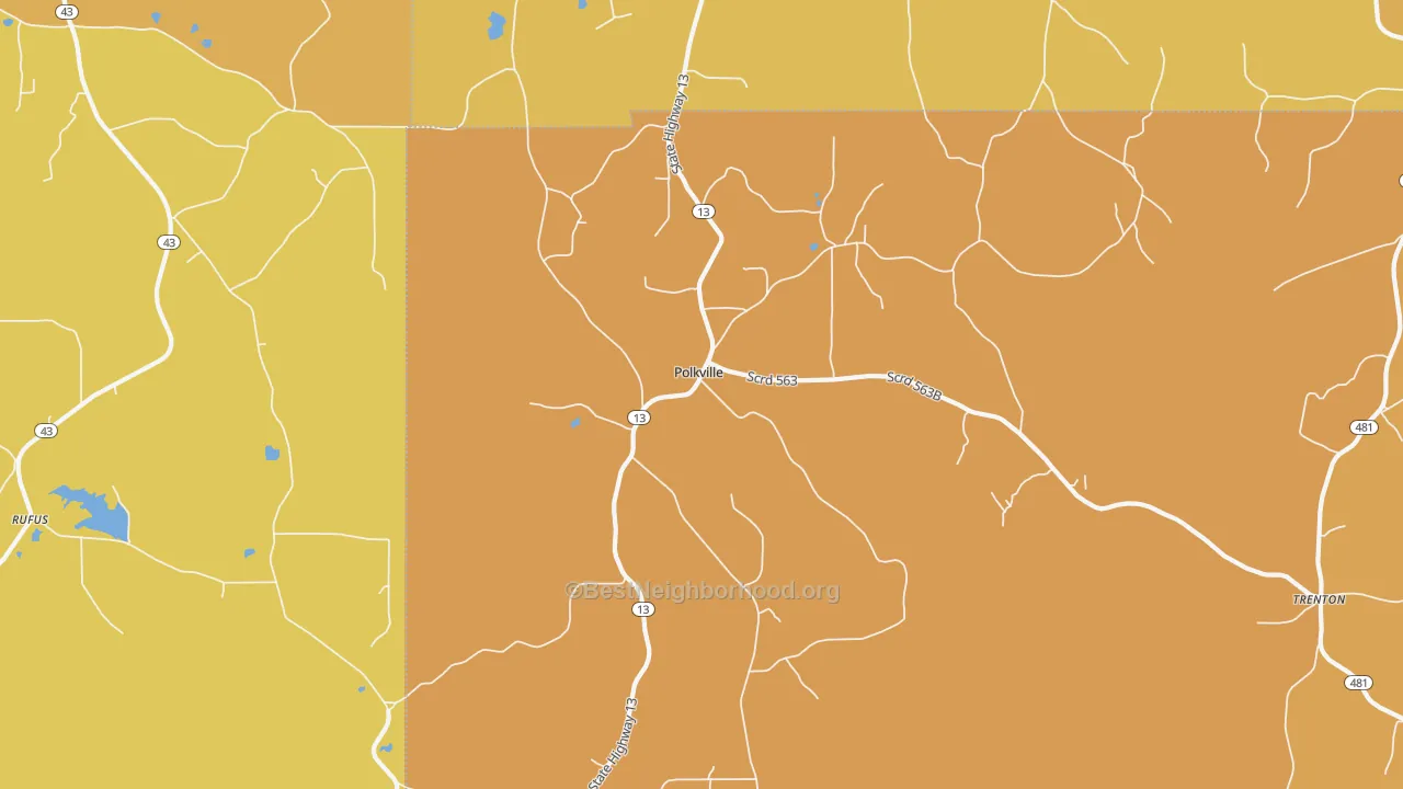 Map of the best neighborhoods in the Polkville area, with better matches in green and worse matches in red