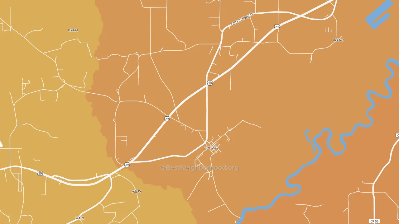 Map of the best neighborhoods in the Pollard area, with better matches in green and worse matches in red