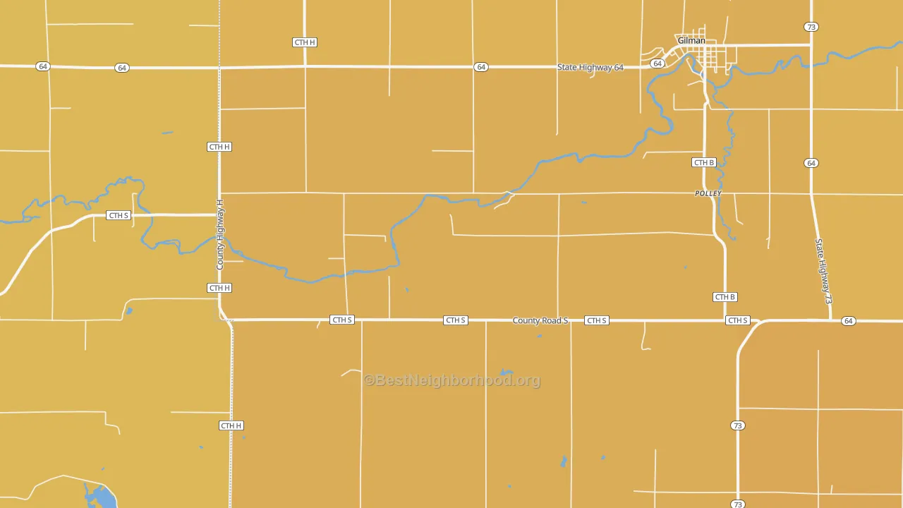 Map of the best neighborhoods in the Polley area, with better matches in green and worse matches in red