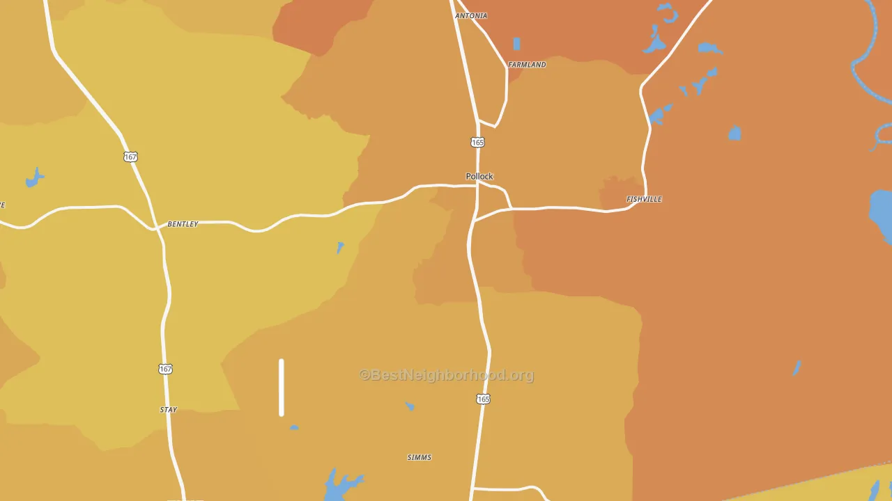 Map of the best neighborhoods in the Pollock area, with better matches in green and worse matches in red