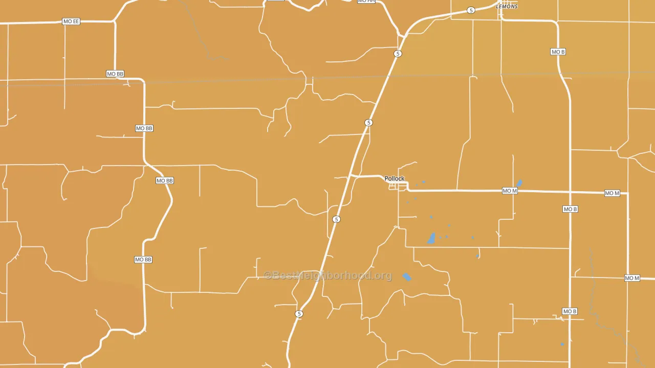 Map of the best neighborhoods in the Pollock area, with better matches in green and worse matches in red