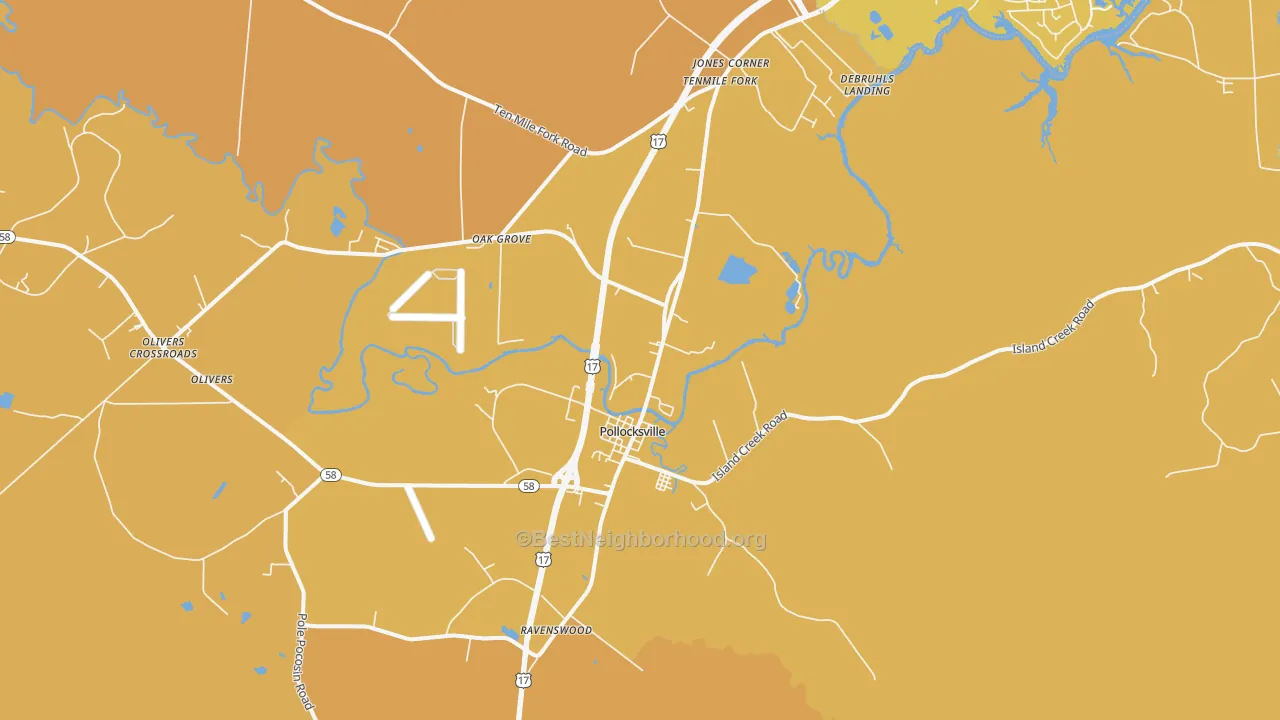 Map of the best neighborhoods in the Pollocksville area, with better matches in green and worse matches in red