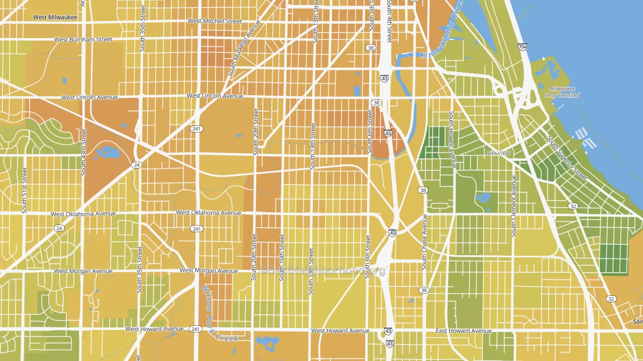 Map of the best neighborhoods in the Polonia, Milwaukee area, with better matches in green and worse matches in red