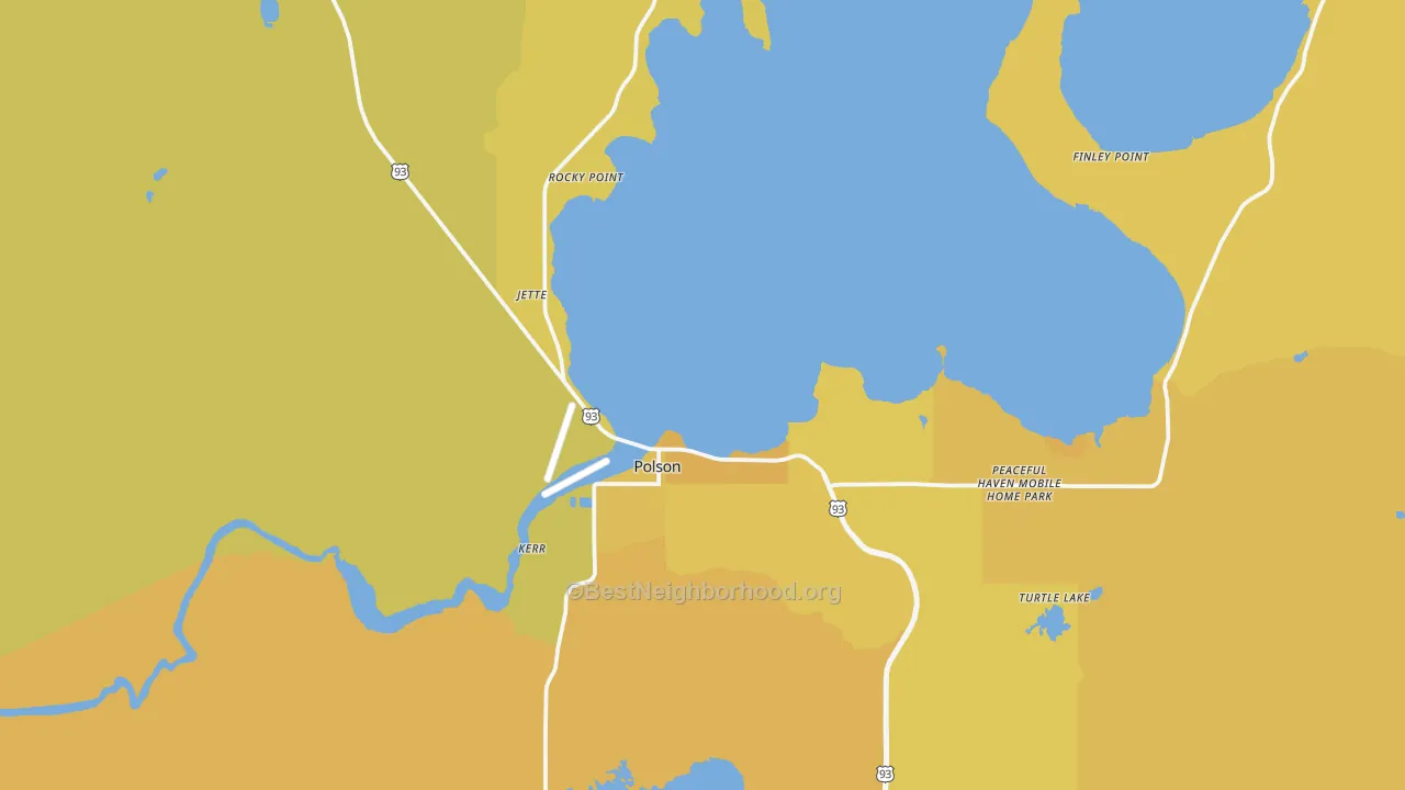 Map of the best neighborhoods in the Polson area, with better matches in green and worse matches in red
